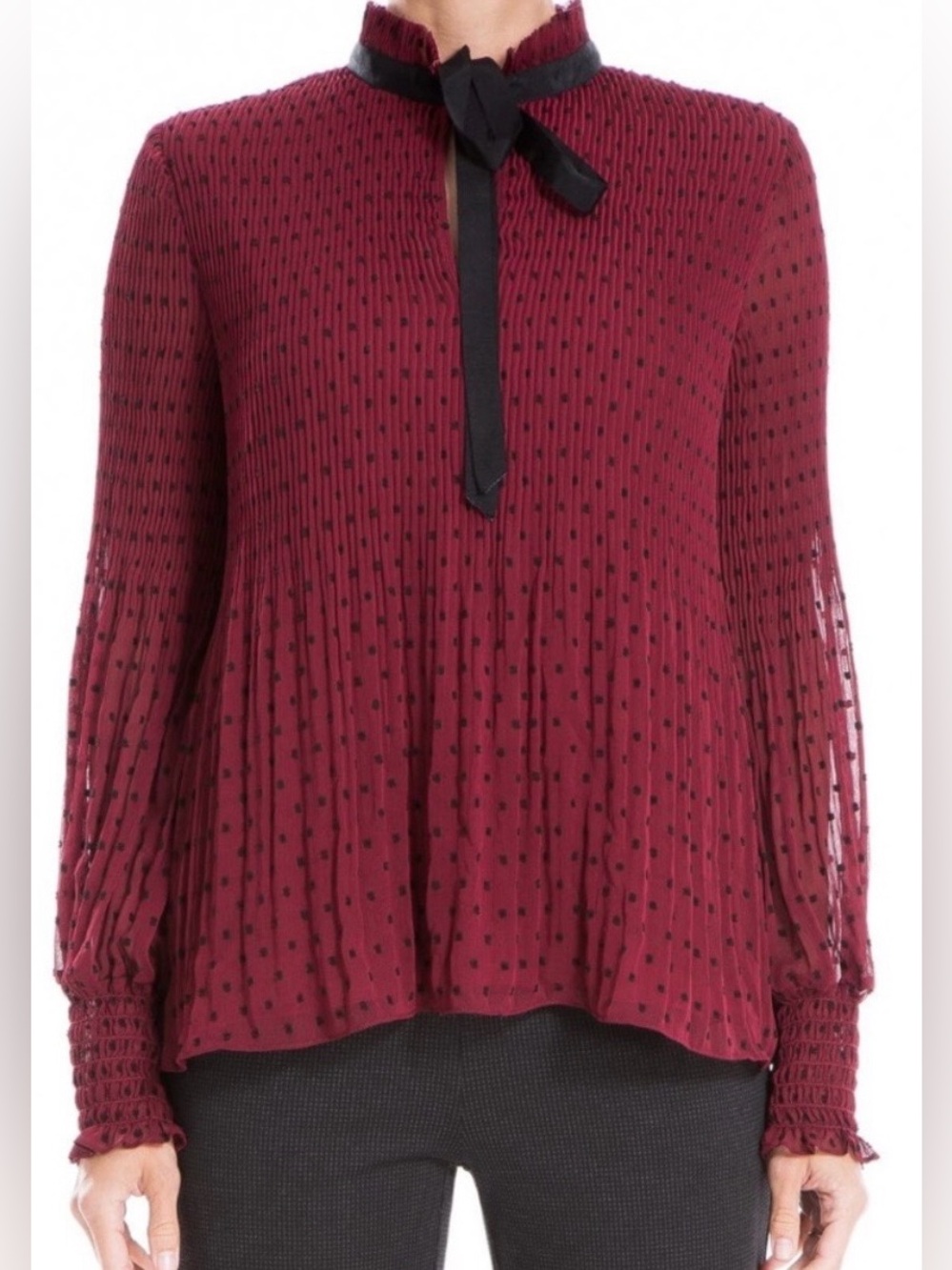 Max Studio Burgundy Dot Pleated Blouse with Black Tie
